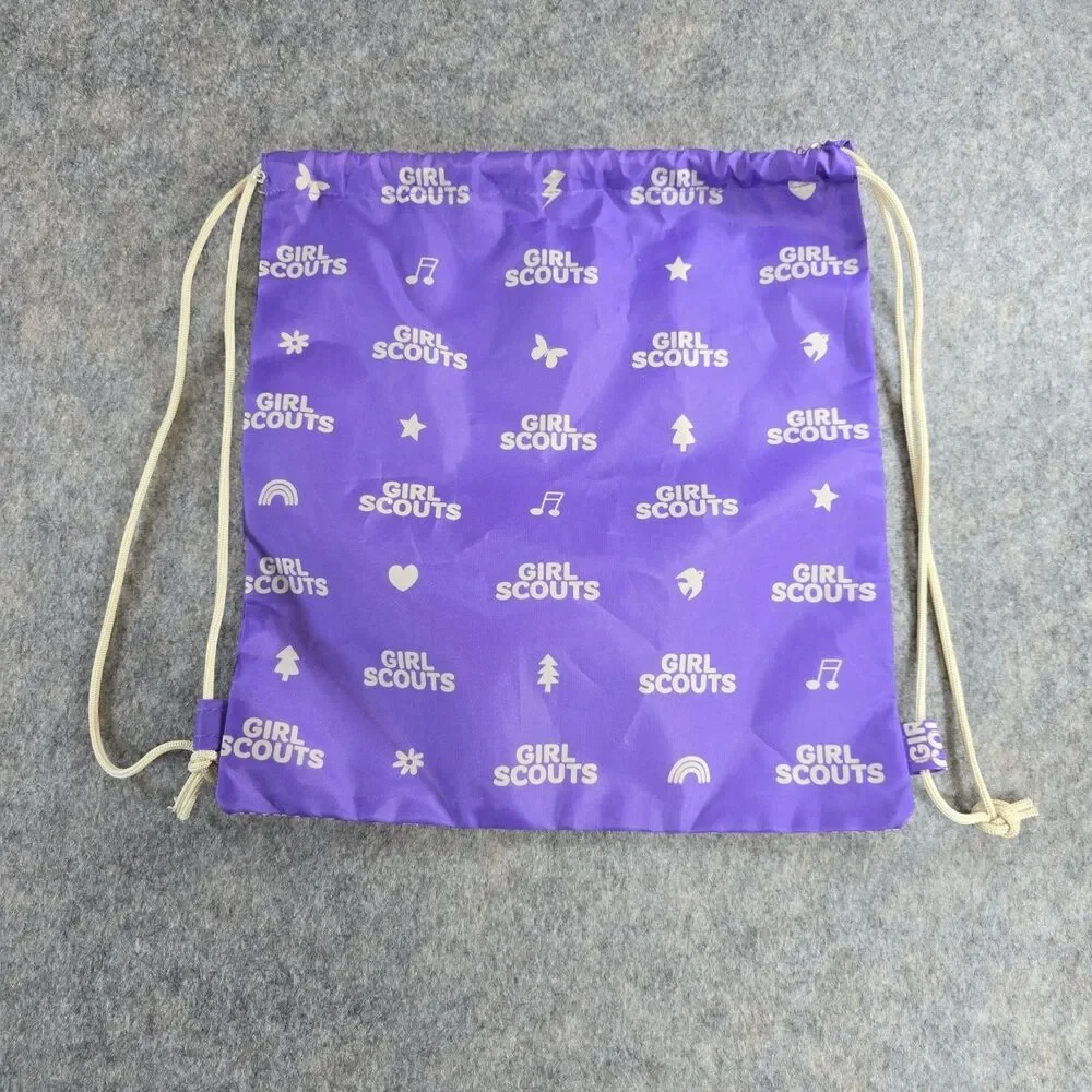 Girl Scouts Drawstring Backpack Cinch Sack Purple White Text Hearts Stars Music
